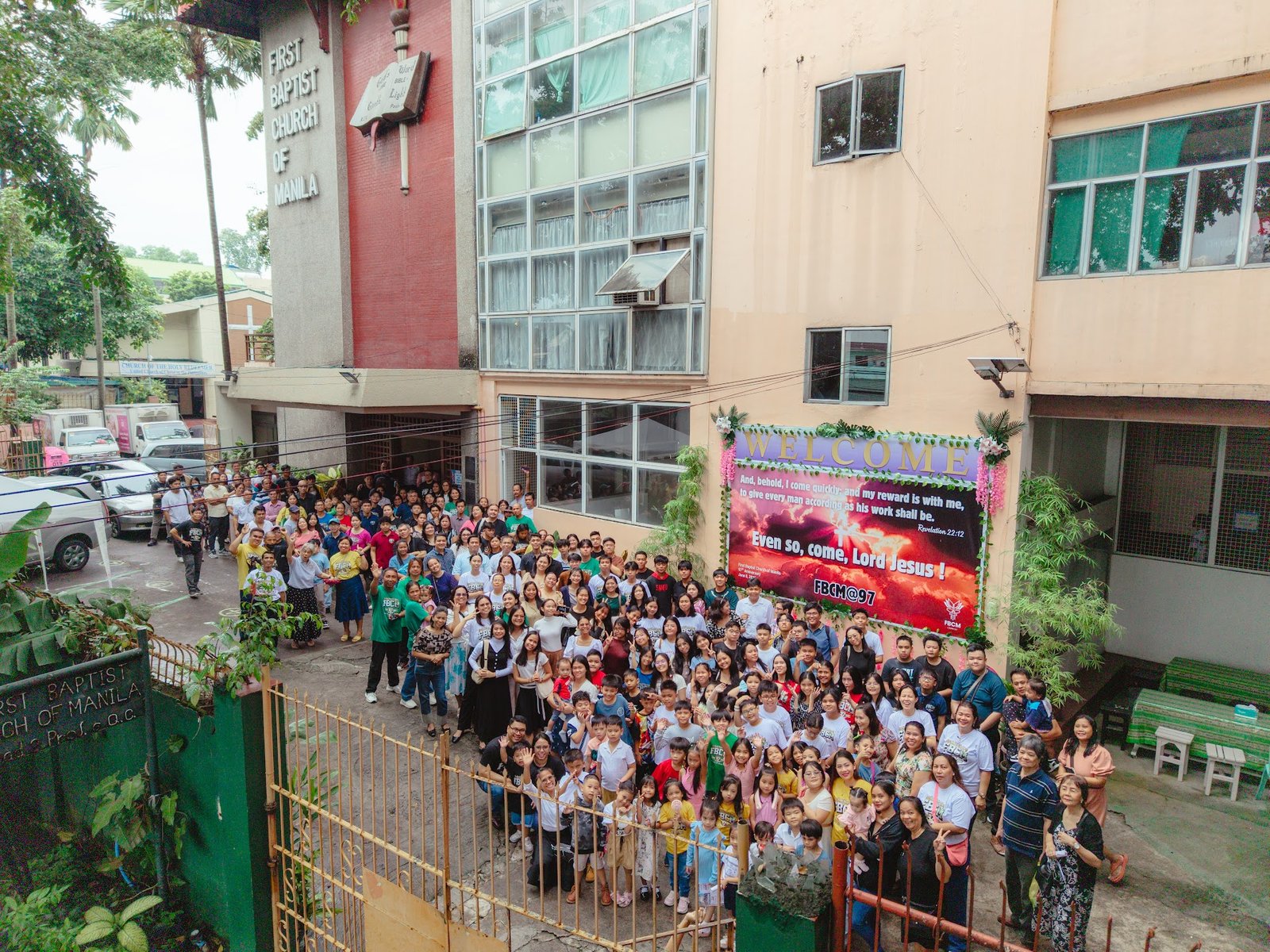 Church members gathered outside the church building